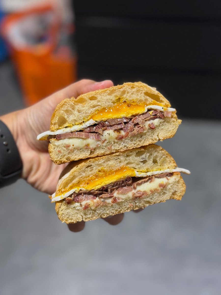 A brisket, cheese and fried egg sandwich for dinner. What are you eating today?

#Foodie