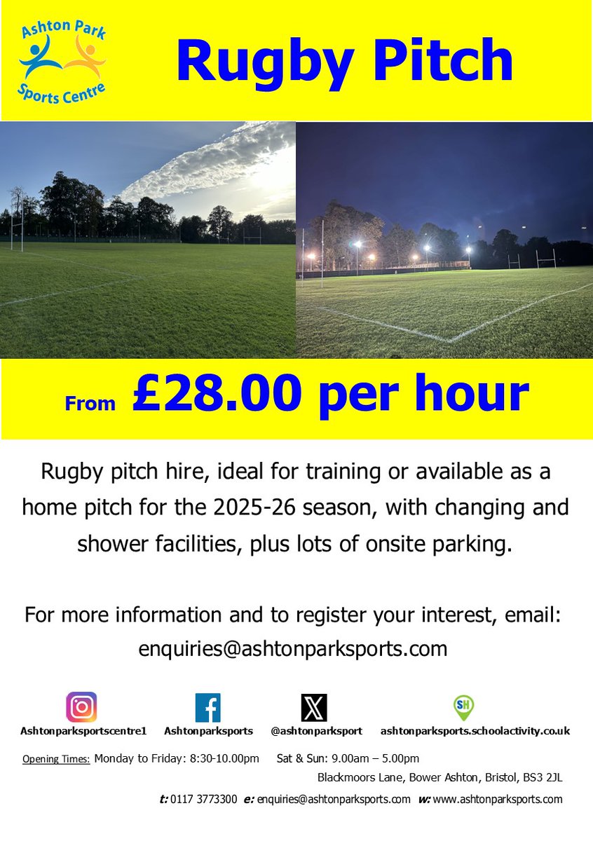 Take a look at our rugby pitch

The pitch is currently available to be used for training or would be perfect to use as a home pitch for the upcoming season!

Bookings are made via: ashtonparksports.schoolhire.co.uk/rugby-pitch/37…

and for any questions please email us at: enquiries@ashtonparksports.com
