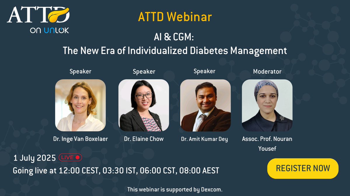 🚨Don’t miss tomorrow’s #ATTDWebinar on how #AI + #CGM are transforming personalized #DiabetesCare.

📅1 July at 12:00 CEST
🎙️Featuring: Dr. Inge Van Boxelaer, Dr. Amit Kumar Dey, Dr. Elaine Chow &amp; Dr. Nouran Yousef

👉 Register Now: bit.ly/3FFquF5

Supported by #Dexcom.