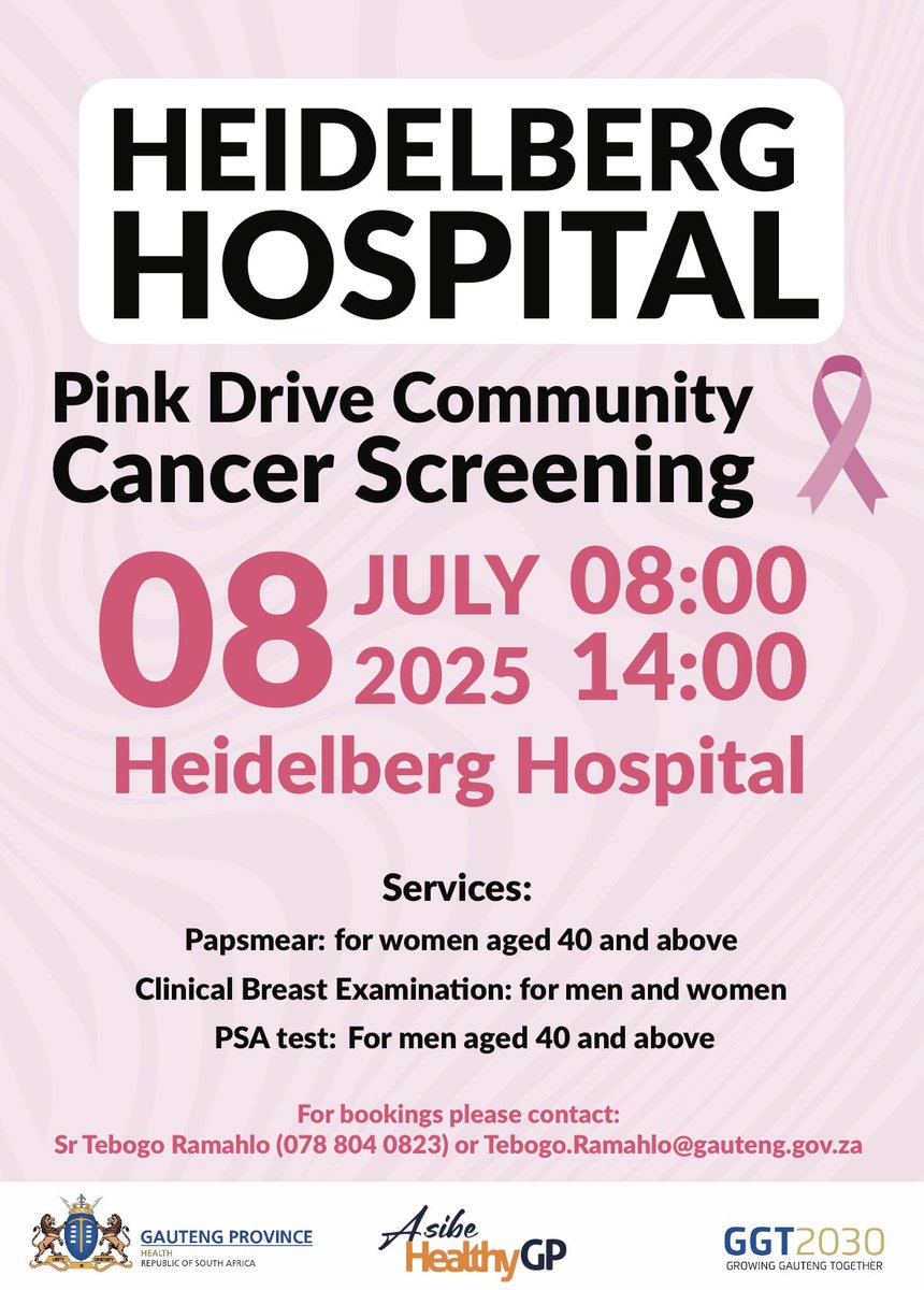 Visit our Heidelberg Hospital for the Pink Drive community Cancer Screening, this is to ensure early detection of cancer amongst man and woman #AsibeHealthyGP