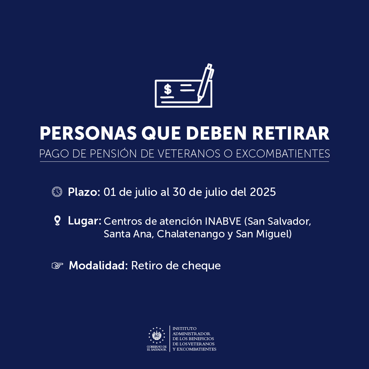 INABVESV's tweet image. Listado de personas que deben retirar pago de pensión veteranos o excombatientes.
🗓️ Plazo: Del 01 de julio al 30 de julio 2025
📍 Lugar: Centros de atención INABVE.
(San Salvador, Santa Ana, Chalatenango y San Miguel)
⏰ Horario: Lunes a viernes de 7:30 a.m. - 3:30 p.m.