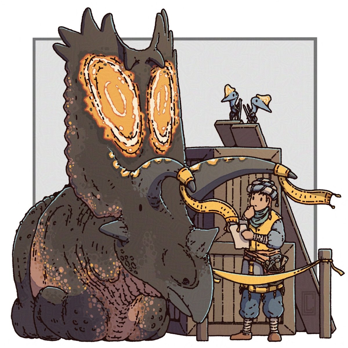 “In addition to hauling large amounts of materials to and from the site, ceratopsians like Pentaceratops can also be of great assistance redirecting possible traffic. With their large eye-catching frills helping to attract the attention of unaware pedestrians and warn them away-