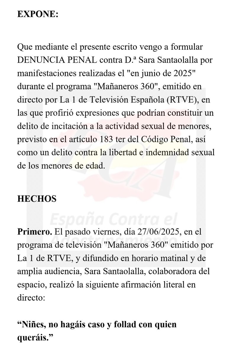 Hemos presentado una denuncia contra <a href="/SarahPerezSanta/">Sarah Santaolalla. ♀</a> por las manifestaciones realizadas en la <a href="/La1_tve/">La 1</a> 
#ECA