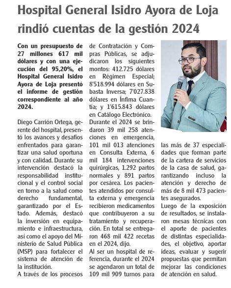 #MSPEnMedios I <a href="/_diferco/">Diego Carrión Ortega</a> gerente del <a href="/HIAyoraLoja/">Hospital General Isidro Ayora - Loja 🇪🇨</a> presentó su informe de #RendicionDeCuentas2024 el pasado fin de semana. A través de <a href="/CronicaLoja/">Diario Crónica</a> te informamos más detalles. #ElNuevoEcuador