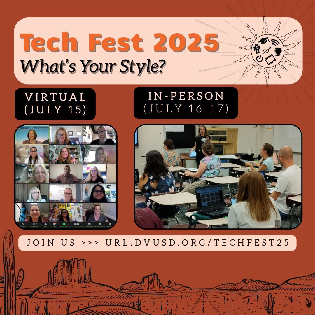 Michelle Coots (@michelle_coots) on Twitter photo What's your Tech Fest 2025 style? 🤔
💻 July 15th: Virtual from anywhere!
🏫 July 16th & 17th: In-person at MRHS!
Choose your adventure & get ready for incredible learning.
👉 Details: url.dvusd.org/techfest25
#TechFest <a href="/DVUSD/">Deer Valley Unified School District</a> #DVUSDTech #EdTech #ChooseYourAdventure What's your Tech Fest 2025 style? 🤔
💻 July 15th: Virtual from anywhere!
🏫 July 16th & 17th: In-person at MRHS!
Choose your adventure & get ready for incredible learning.
👉 Details: url.dvusd.org/techfest25
#TechFest <a href="/DVUSD/">Deer Valley Unified School District</a> #DVUSDTech #EdTech #ChooseYourAdventure