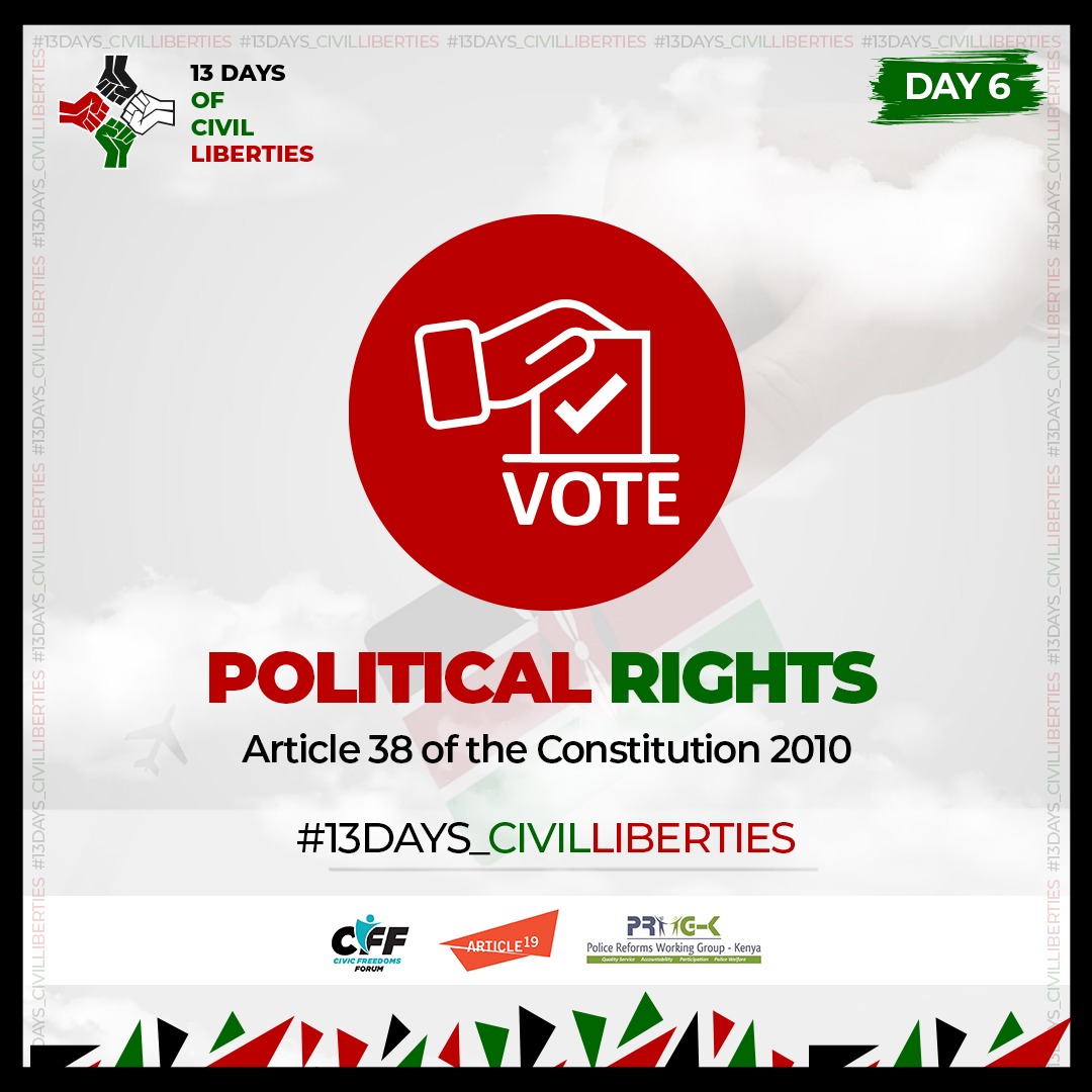 ReformsGroup's tweet image. Article 38 of the Constitution of Kenya guarantees every citizen the right to make political choices, including the right to participate in elections and peaceful political activities. #RightToProtest #13Days_CivilLiberties #FreedomofExpression #EndPoliceBrutalityKE