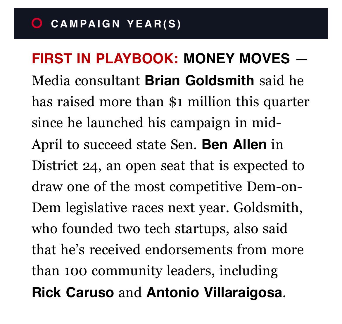 GoldsmithB's tweet image. Great end of quarter for our campaign…honored by the support of so many community leaders led by @RickCarusoLA and @AVillaraigosa. And moved by the contributions from folks all over the district.
We’re just getting started!