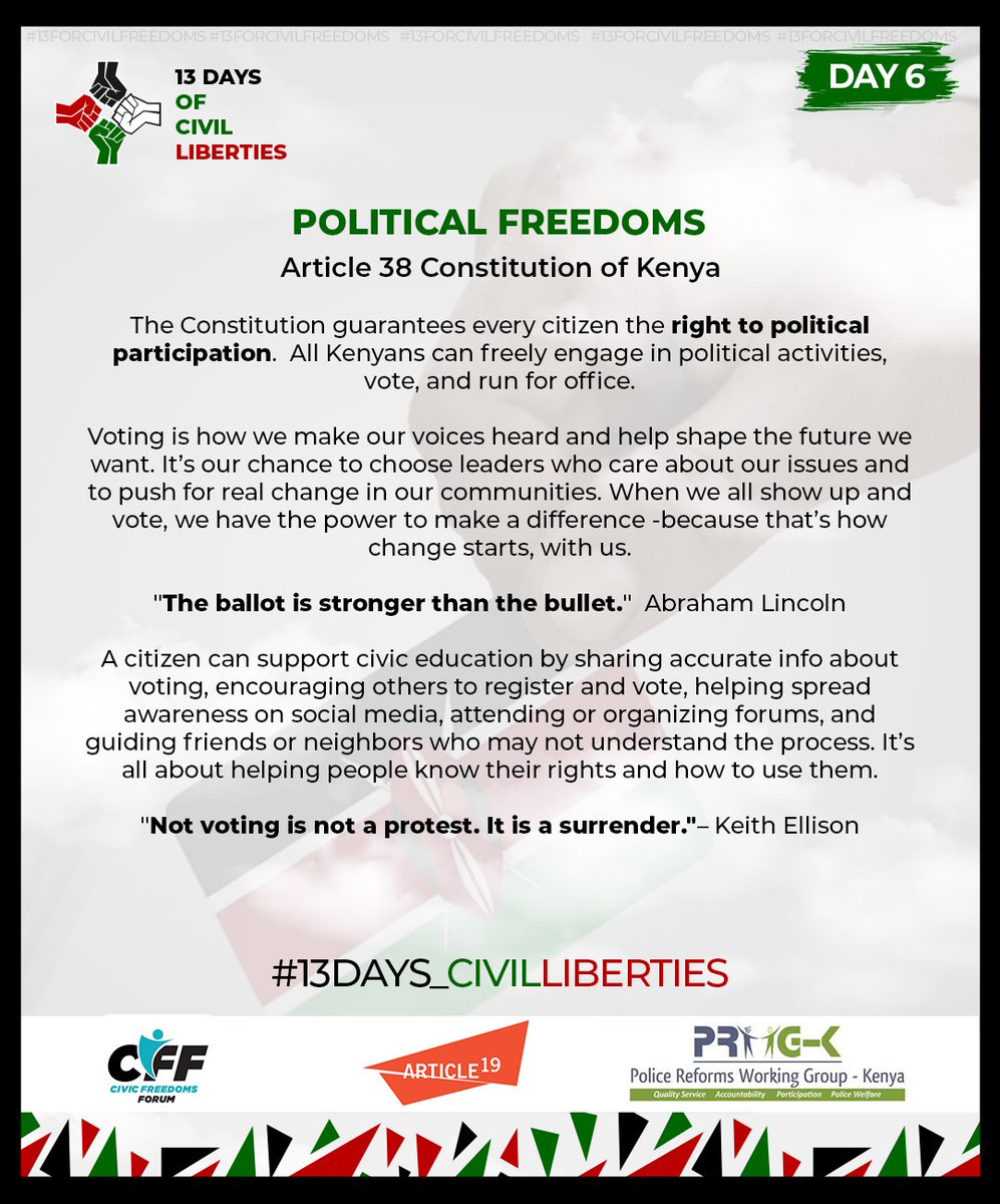 ReformsGroup's tweet image. Article 38 of the Constitution of Kenya guarantees every citizen the right to make political choices, including the right to participate in elections and peaceful political activities. #RightToProtest #13Days_CivilLiberties #FreedomofExpression #EndPoliceBrutalityKE