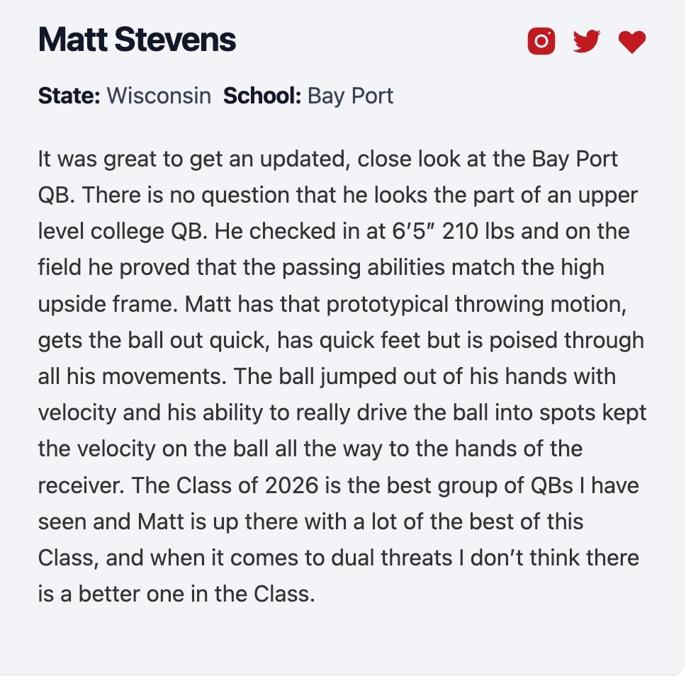 Matt Stevens (@matt1stevens) on Twitter photo Thanks <a href="/MJ_NFLDraft/">Mark Johnson</a> for the write up at the Minnesconsin Mega Camp.
<a href="/BayPortFootbal1/">Bay Port Football</a>
<a href="/PrepRedzoneWI/">Prep Redzone Wisconsin</a>
<a href="/travisWSN/">Travis Wilson</a> Thanks <a href="/MJ_NFLDraft/">Mark Johnson</a> for the write up at the Minnesconsin Mega Camp.
<a href="/BayPortFootbal1/">Bay Port Football</a>
<a href="/PrepRedzoneWI/">Prep Redzone Wisconsin</a>
<a href="/travisWSN/">Travis Wilson</a>