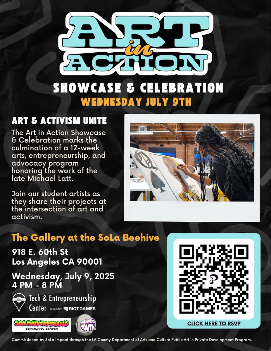 Come witness powerful student-led projects at the SoLa Beehive gallery!

The Art in Action Showcase marks the culmination of a 12-week journey in art, entrepreneurship, and advocacy, honoring the legacy of the late Michael Latt.
partiful.com/e/zQZ6eqqDjLMl…