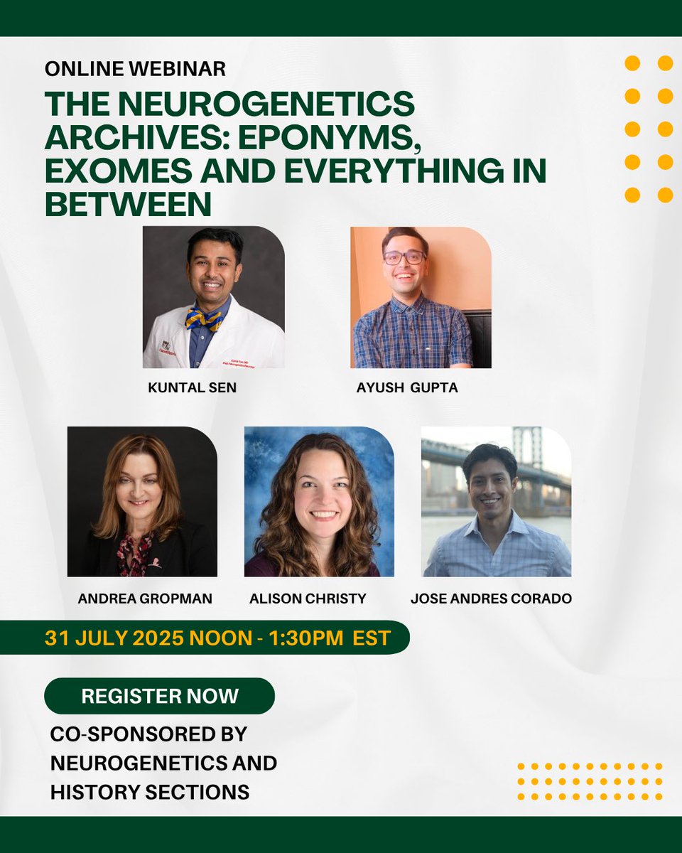 Kuntal Sen, MD, FACMG (@kuntal_sen_) on Twitter photo 🧠 Dive into the legacy of the Human Genome Project, the Undiagnosed Diseases Network, eponymous syndromes & newborn screening—and how they shaped modern neurogenetics.
Join our <a href="/AANmember/">American Academy of Neurology</a> webinar
🔗 Register: aan.zoom.us/meeting/regist… 🧠 Dive into the legacy of the Human Genome Project, the Undiagnosed Diseases Network, eponymous syndromes & newborn screening—and how they shaped modern neurogenetics.
Join our <a href="/AANmember/">American Academy of Neurology</a> webinar
🔗 Register: aan.zoom.us/meeting/regist…