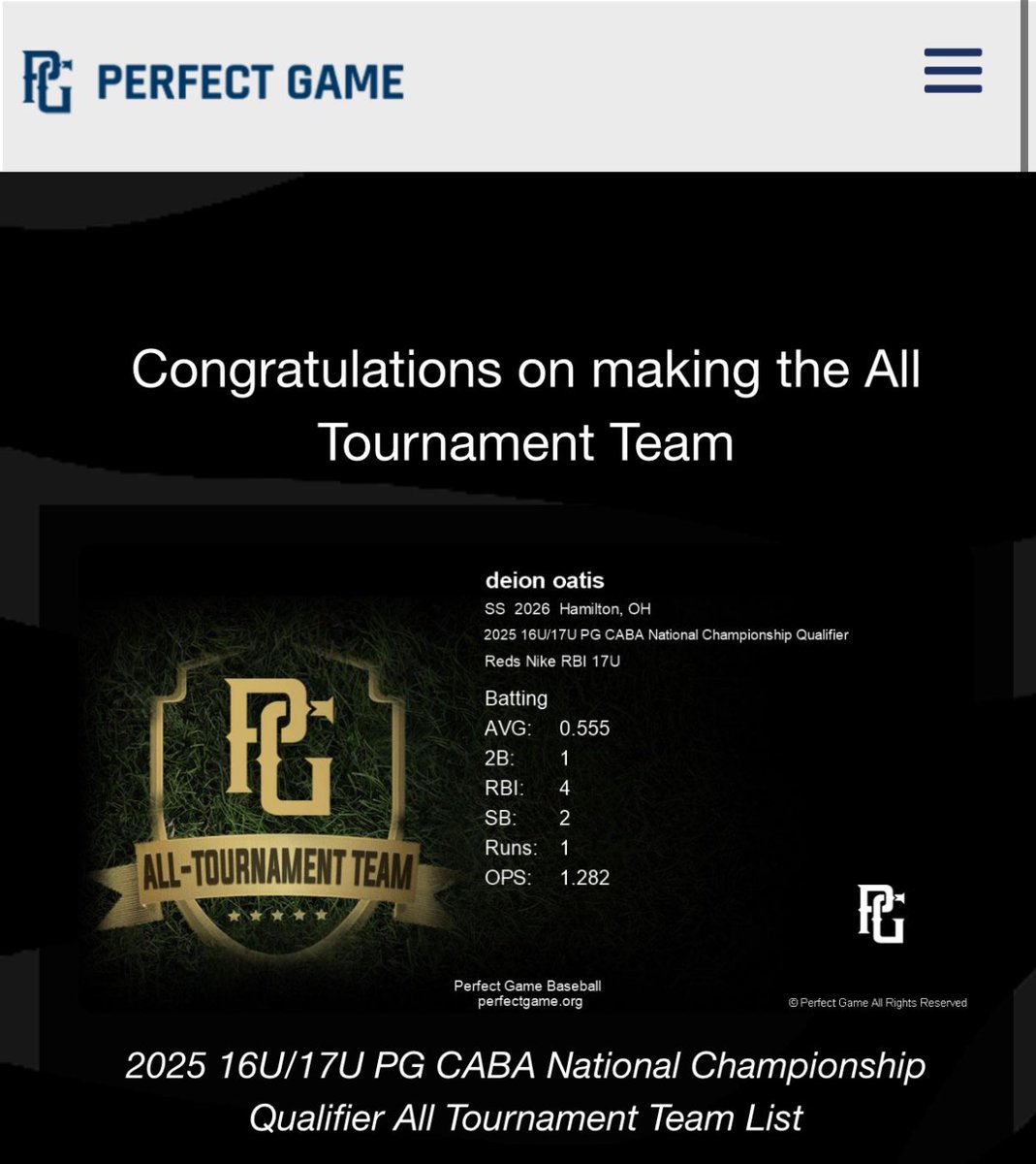 Thank you for selecting me to be on All Tournament Team! <a href="/PG_OhioValley/">Perfect Game Ohio Valley</a> <a href="/RbiReds/">Reds RBI National Team</a> <a href="/kevcoe/">Kevin Coe</a> <a href="/RooseveltBarnes/">Roosevelt Barnes</a> <a href="/Byron_Famble/">Game.Changer</a>