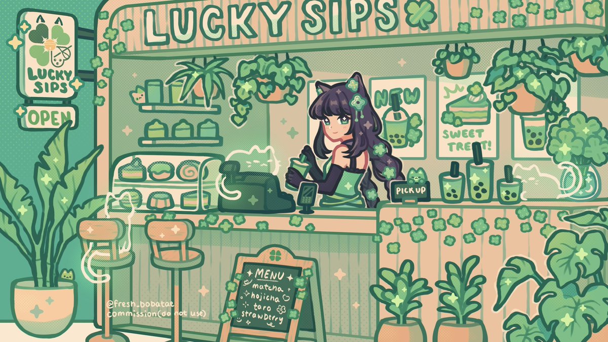 fresh_bobatae's tweet image. Welcome to Lucky Sips!🍀🧋May I take your order?
Thank you @npckitsunya for the fun project ! I am SO SO happy to work with you again - your character designs and ideas are always so charming. Green is my fav color so it’s always a fun time 🥰🥺