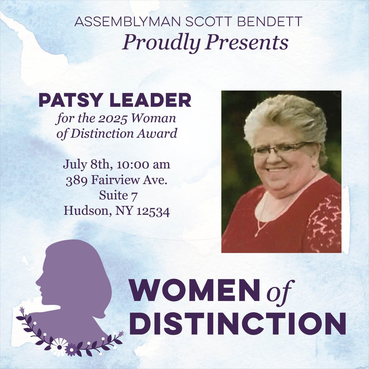 Join us in recognizing Patsy Leader of Kinderhook as our next 2025 Woman of Distinction (ceremony details below)! 

Patsy is perhaps best known for breaking barriers as the first woman elected as Supervisor in the Town of Kinderhook, after serving 12 years on the town board.