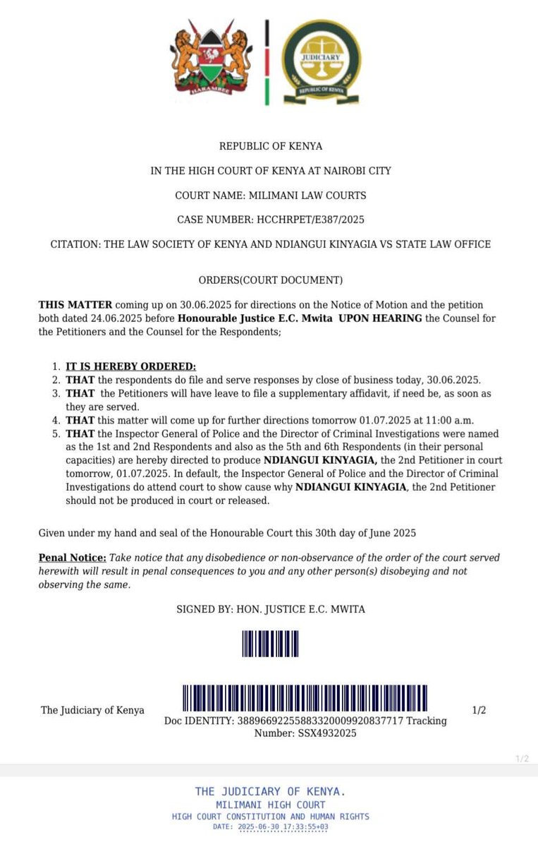 ManwaOH's tweet image. Today, we appeared before Hon. Justice Chacha Mwita over the abduction of Ndiangui Kinyagia, pursuant to the Habeas Corpus application filed by the @LawSocietyofKe seeking his production, alive or dead. The court granted the orders and has directed that the IG and DCI do present…