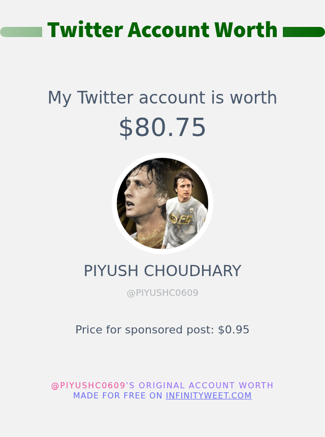 My Twitter worth is: $80.75

➡️ infinityweet.com/account-worth
