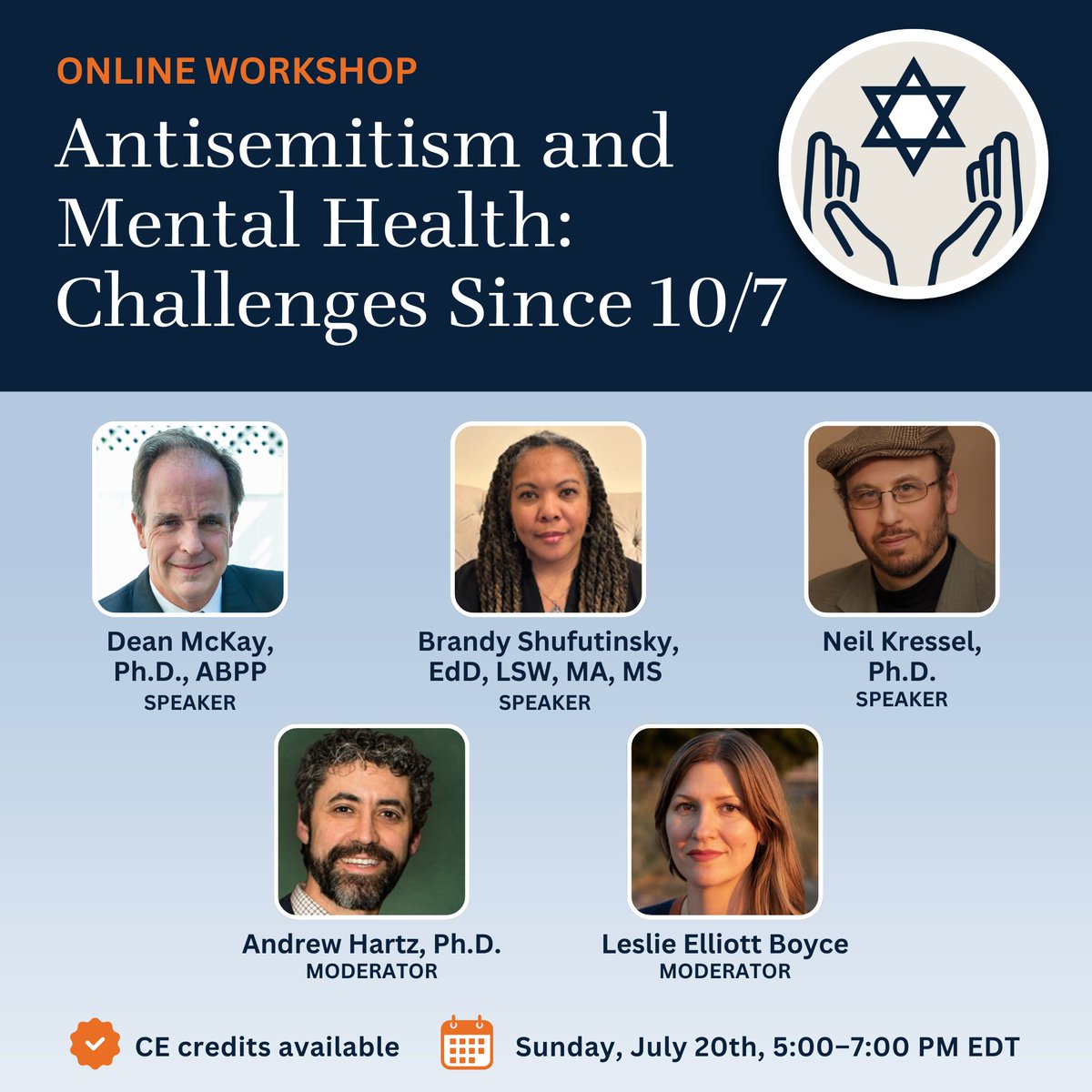 OTI_USA's tweet image. Upcoming CE credit workshop: register for “Antisemitism and Mental Health: Challenges Since 10/7,” online Sunday, July 13, 2025, 12:00–2:00 PM EDT.
Details and registration: opentherapyinstitute.org/workshops-memb…