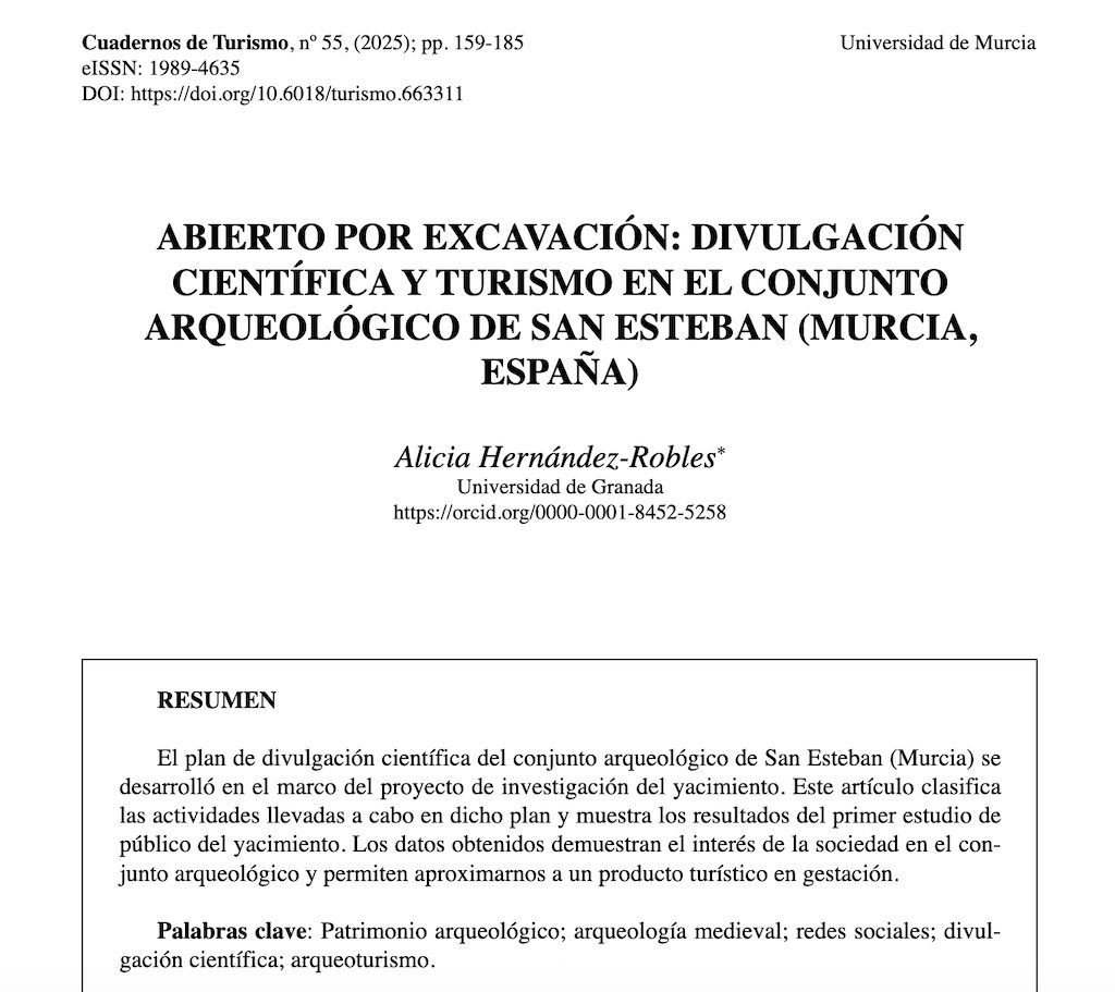 SanEstebanUM's tweet photo. Nueva publicación de Alicia Hernández Robles sobre el plan de divulgación científica del proyecto en la revista @C_d_turismoUMU:

📄"Abierto por excavación: divulgación científica y turismo en el conjunto arqueológico de San Esteban (Murcia, España)"

 ➡️🔗https://t.co/i9VAbKyZSw https://t.co/nL3znxik9N