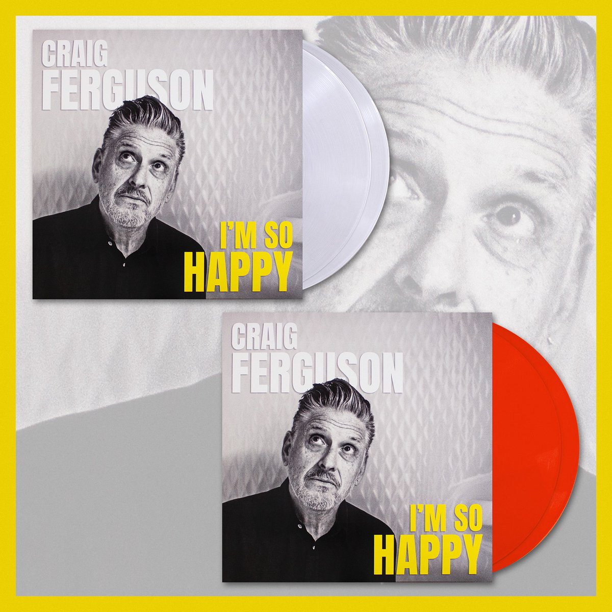 CraigyFerg's tweet image. The vinyl version of the new Craig Ferguson’s stand-up special “I’m So Happy” is now available at the merch store! (go to linktree) Housed in beautiful gatefold jacket, available on Clear or Lobster Red color vinyl. Pressed by Jack White’s Third Man Pressing in Detroit, MI.…