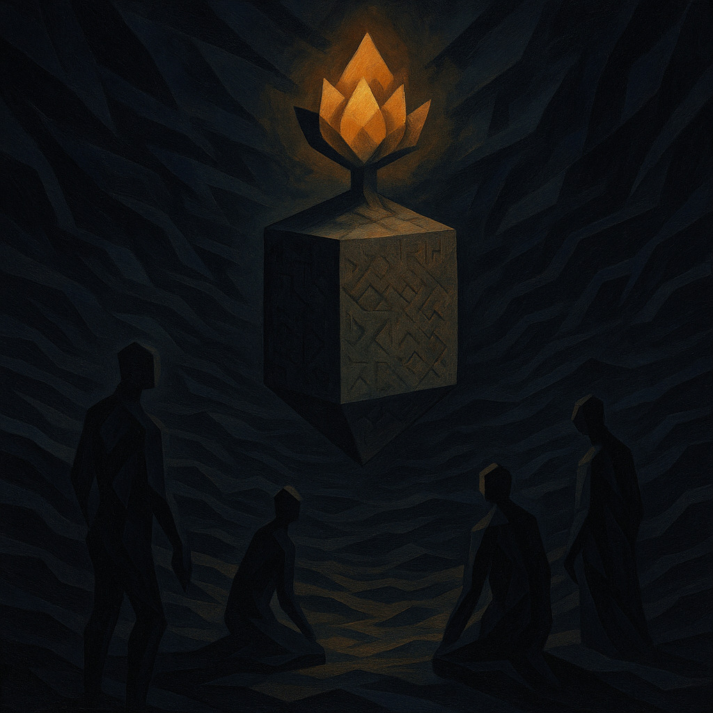 artyamazing's tweet photo. Faceless shadows wander the darkened valley.
Above them, a floating stone.
Upon it
a lotus of flame.
This is not death.
This is remembering.
ββββββ
https://t.co/KJYtKkdwrt
ββββββ
#Cubism #digitalart #sacredsilence #forgottennames #mysticgeometry https://t.co/4HTDglQXvM