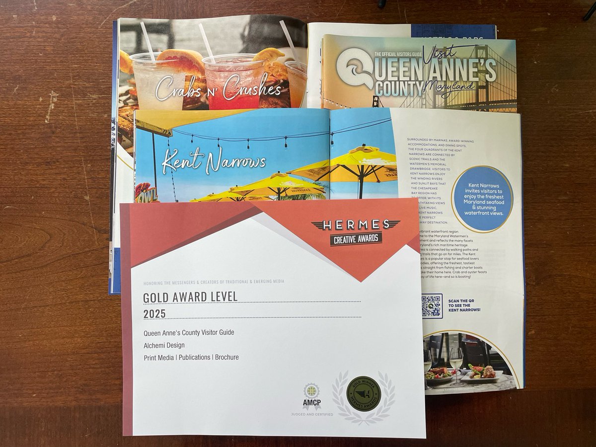 AlchemiDesign's tweet image. 🌟 Exciting news! 

Alchemi Design has received a Gold Hermes Creative Award for our work on the Queen Anne’s County Visitor Guides! @qacgov

View or request these guides here -

l8r.it/Z3dM

#hermesawardwinner #queenannescounty #designagency #tourismmarketing