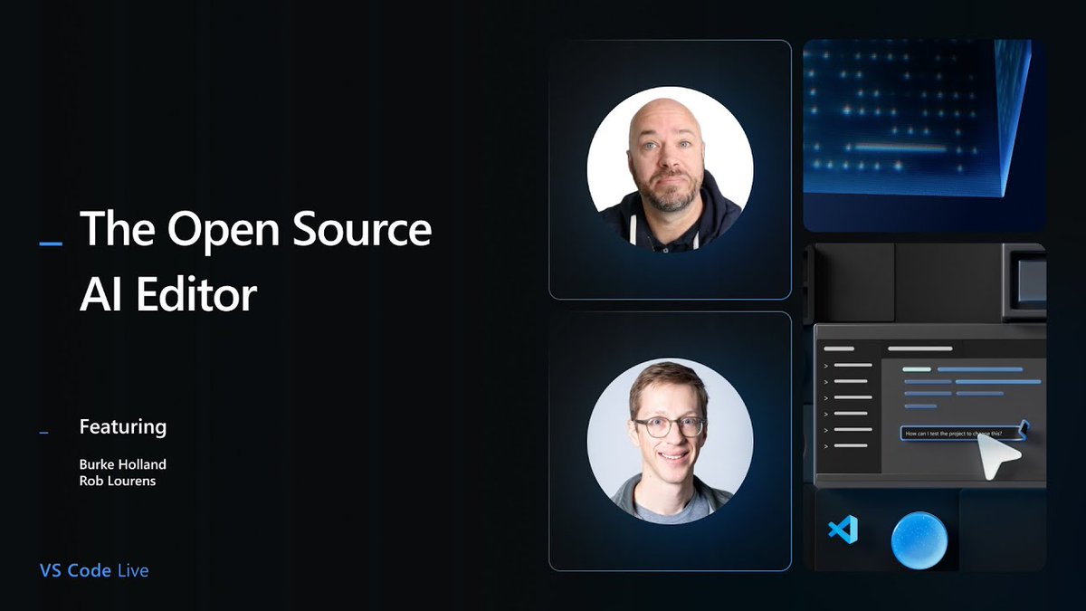 Burke Holland (@burkeholland) on Twitter photo Copilot in @Code is officially open source.
Join <a href="/roblourens/">Rob Lourens</a> in 20 mins to see how you can get started with the repo TODAY.
Link in comments 👇 Copilot in @Code is officially open source.
Join <a href="/roblourens/">Rob Lourens</a> in 20 mins to see how you can get started with the repo TODAY.
Link in comments 👇
