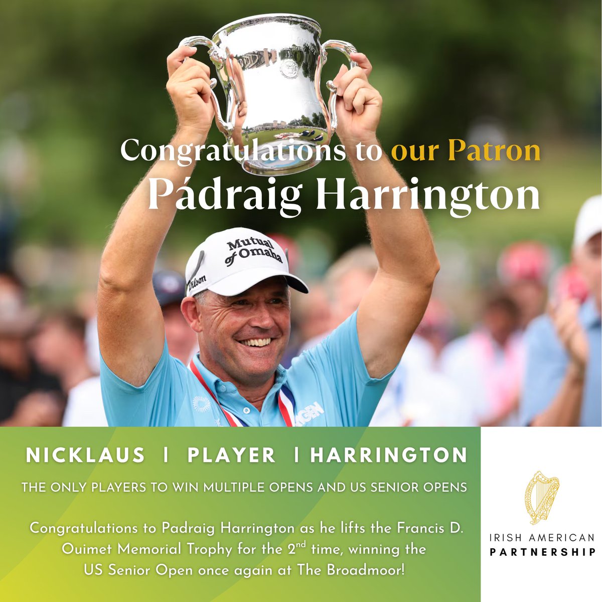 Irish American Partnership (@irishaporg) on Twitter photo Huge congratulations to @IrishAPorg Patron <a href="/padraig_h/">Padraig Harrington</a> on his incredible victory at the U.S. Senior Open Championship! 👏 👏
A true ambassador for Irish golf & a champion on and off the course, Padraig inspires future generations through his achievements and his generosity 🇮🇪🏆 Huge congratulations to @IrishAPorg Patron <a href="/padraig_h/">Padraig Harrington</a> on his incredible victory at the U.S. Senior Open Championship! 👏 👏
A true ambassador for Irish golf & a champion on and off the course, Padraig inspires future generations through his achievements and his generosity 🇮🇪🏆