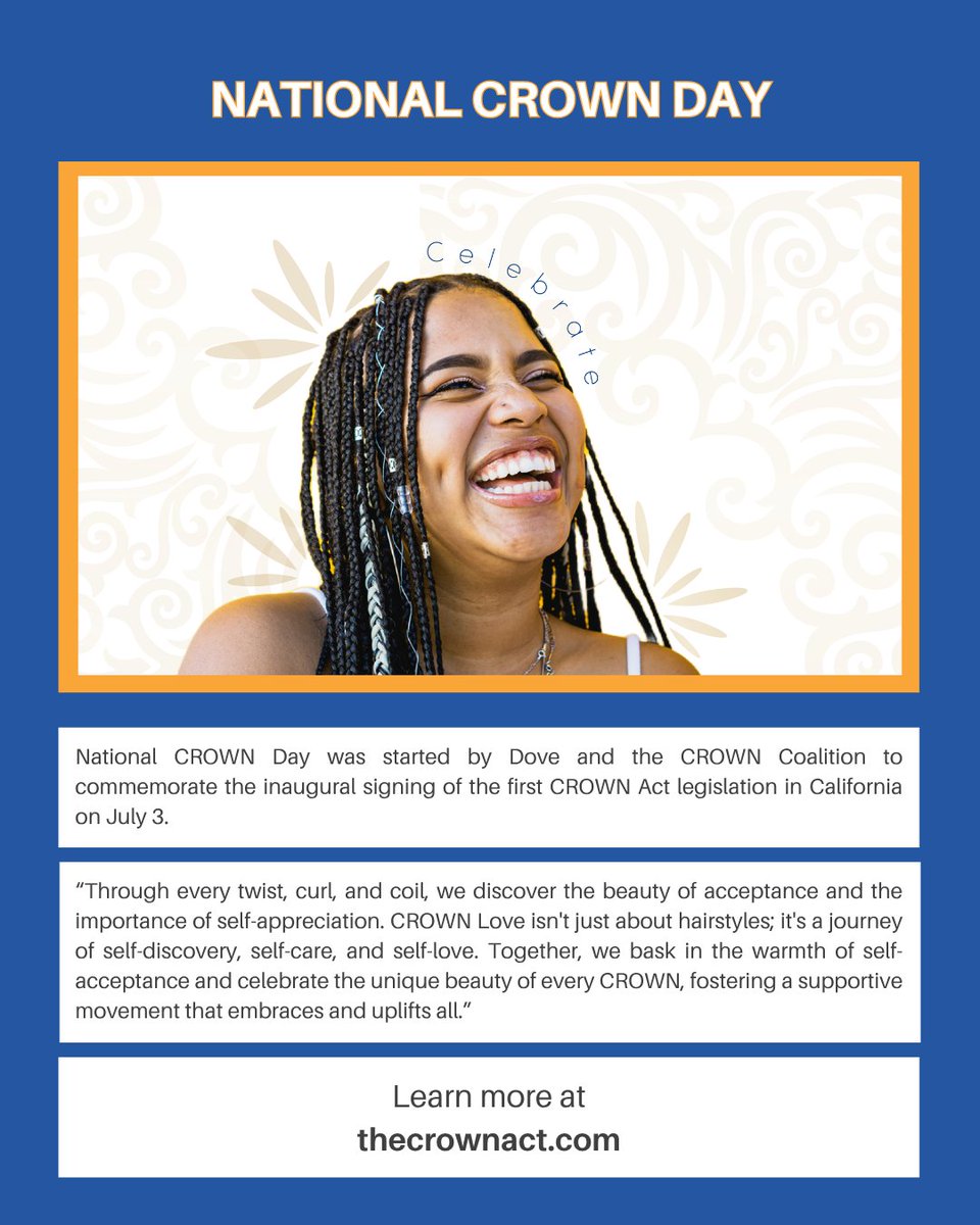 Today, we celebrate National CROWN Day, a special holiday commemorating the inaugural signing of the first CROWN Act legislation in California in 2019. This holiday is a powerful reminder that Black hair is beautiful, bold, and worthy of protection!
#BlackHistoryYear #CROWNLove