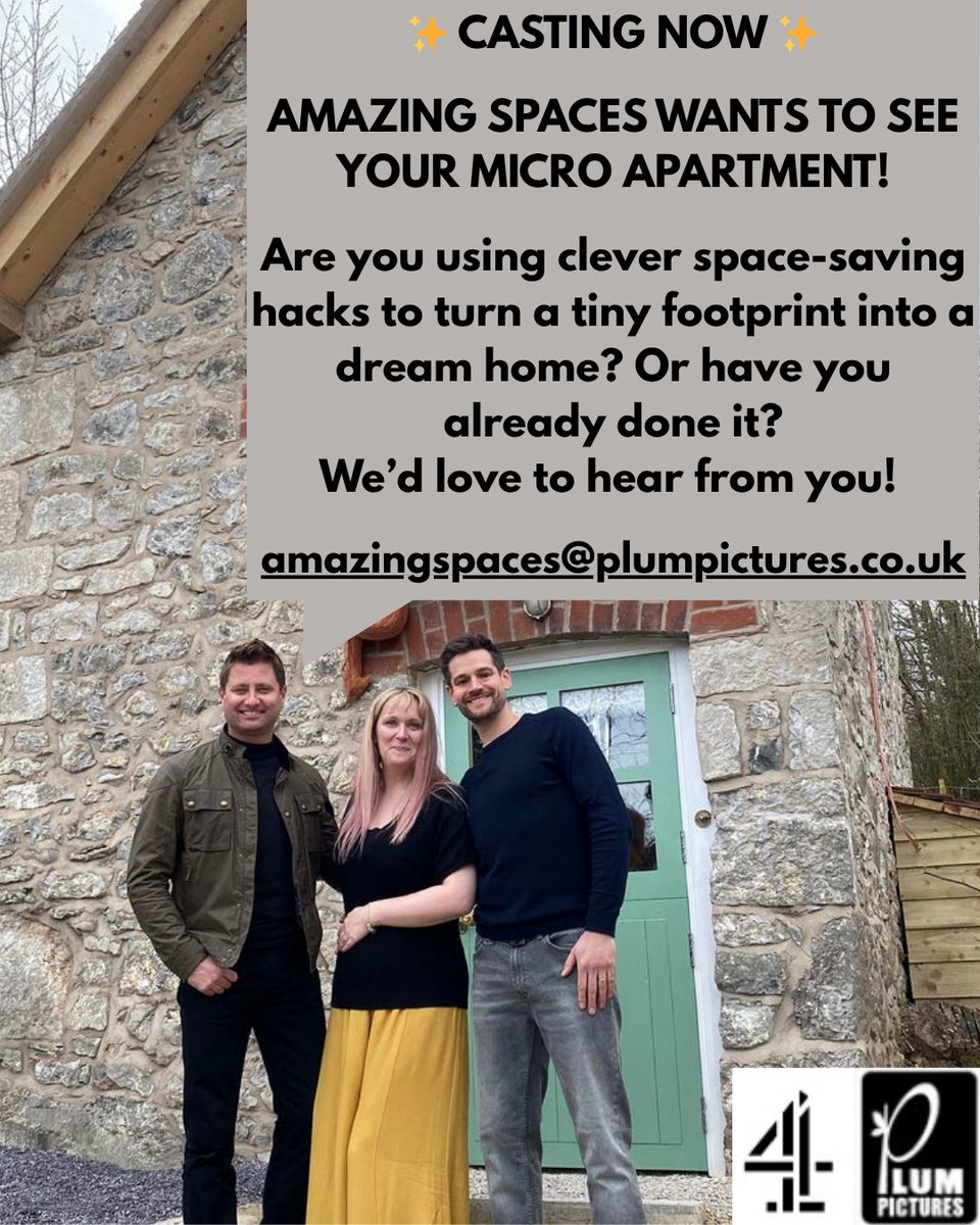 Amazing Spaces (@gcamazingspaces) on Twitter photo ✨ CASTING NOW ✨
AMAZING SPACES WANTS TO SEE YOUR MICRO APARTMENT!
Are you using clever space-saving hacks to turn a tiny footprint into a dream home? Or have you already done it? We’d love to hear from you!
amazingspaces@plumpictures.co.uk
<a href="/MrGeorgeClarke/">George Clarke</a> ✨ CASTING NOW ✨
AMAZING SPACES WANTS TO SEE YOUR MICRO APARTMENT!
Are you using clever space-saving hacks to turn a tiny footprint into a dream home? Or have you already done it? We’d love to hear from you!
amazingspaces@plumpictures.co.uk
<a href="/MrGeorgeClarke/">George Clarke</a>