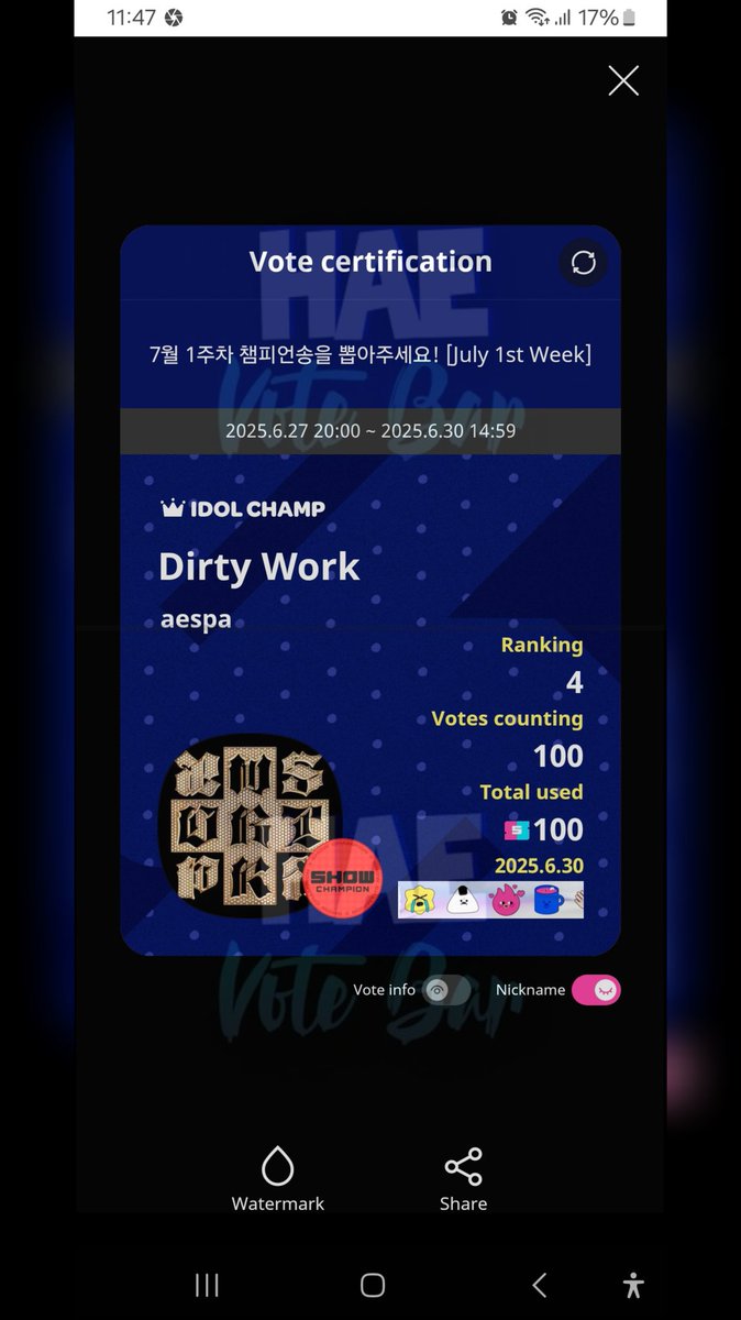 POLL WINNER

Congratulations, #AESPA!
100 rubies casted on Idol Champ: 

#hae_gaproof