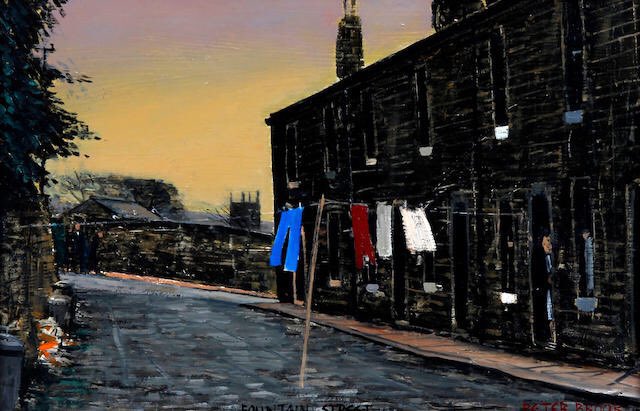 Peter Brook liked Mondays when the traditional lines of laundry appeared, strung out to dry across roads like ‘Fountain Street’ in Sowerby Bridge and providing a splash of colour against the dark Victorian terraced houses. (From Rodney Bewes’ collection, sold by Bonhams in 2012)