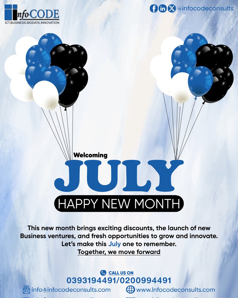Info-Code Consults Ltd (@consultscode) on Twitter photo ๐ Hello, July!
We're stepping into a month of nee opportunities, big discounts and bold innovations.
Lets grow together ๐ค๐ฝ
๐ 0393194491 / 0200994491
๐ infocodeconsults.com
๐ฉ info@infocodeconsults.com
#July2025 #HappyNewMonth #ict #BusinessGrowth ๐ Hello, July!
We're stepping into a month of nee opportunities, big discounts and bold innovations.
Lets grow together ๐ค๐ฝ
๐ 0393194491 / 0200994491
๐ infocodeconsults.com
๐ฉ info@infocodeconsults.com
#July2025 #HappyNewMonth #ict #BusinessGrowth