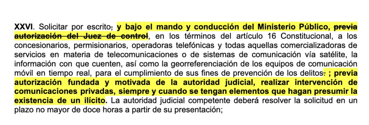 Cuánta deshonestidad.

¿Por qué entonces no aceptaron (como se propuso) que se estableciera el control judicial desde la #LeyTelecom y no remitir a otras leyes?

Porque en las "otras leyes" le están removiendo el requisito de control judicial, como la Ley de la Guardia Nacional.