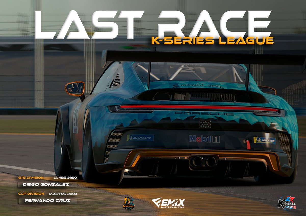#LastRace de la season actual de <a href="/ktd_competicion/">KTD Competición</a> #Kseriesleague

Despedimos temporada con los pilotos habituales en el circuito de interlagos 🇧🇷

🔸 GTE Division
👤 <a href="/diegogon89/">Diego G.</a> 
⏰ Lunes 21:50

🔸 CUP division
👤 <a href="/fer3c_14/">Fernandø</a> 
⏰ Martes 21:50

📺 twitch.tv/k_series_byktd

#GoDevils