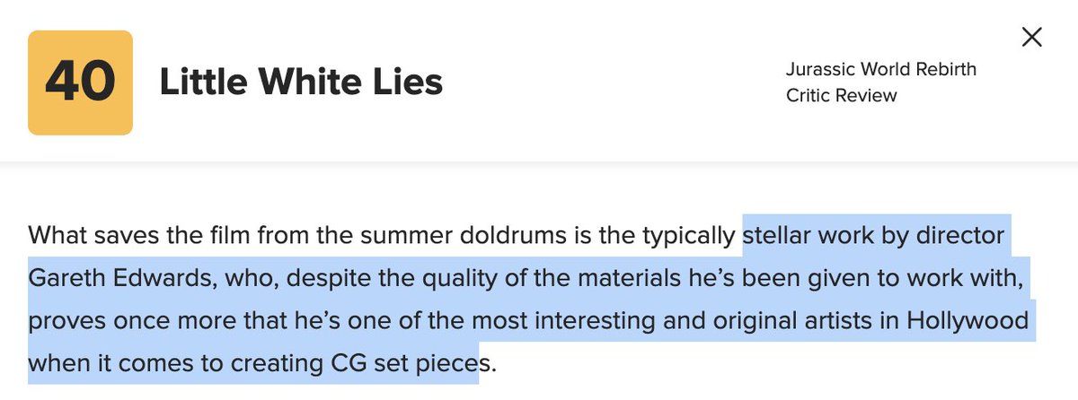 Мне нравится, что даже в негативном обзоре на новый «Мир Юрского периода» Эдвардса называют одним из самых интересных режиссёров сцен с использованием CGI в Голливуде.

Фильм хочется посмотреть только ради его режиссуры. Даже если история не очень, а сама вселенная топчется на
