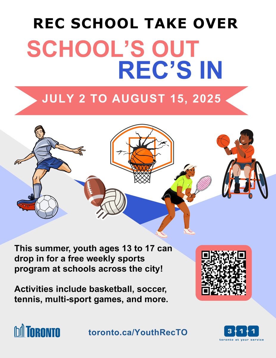 This summer, youth ages 13 to 17 can drop in for a free weekly sports program at schools across the city.

In Don Valley East, programming will take place at the following locations:
· Senator O'Connor College School
· Grenoble Public School
· Queen Alexandra Senior Public School