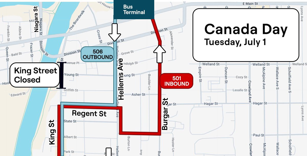 Welland Detours

King St will be closed between Griffith St and Avenue Pl for Canada Day festivities all day July 1.

Outbound 506 will use Hellems Ave to Regent St to King St.
Stop missed: 4175 - King St &amp; 60 King St

Inbound 501 will use King St to Regent St to Hellems Ave to
