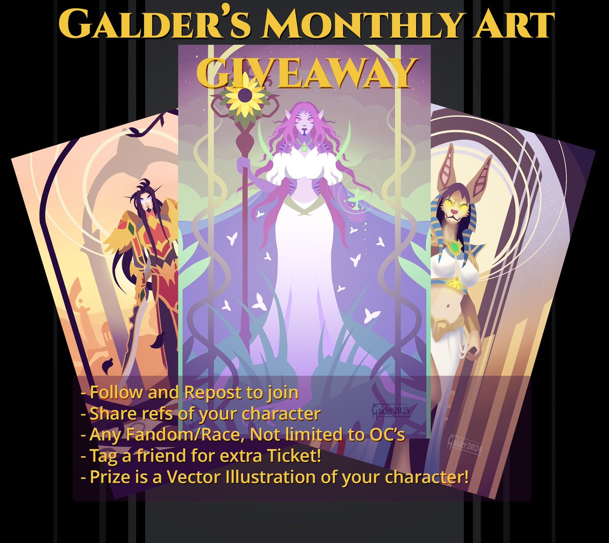 GaldersArt's tweet image. 6th round of Galder&apos;s Monthly Art Giveaway is here!
To join -
- follow 
- repost 
- share refs/something about the character
Bonus  -
- tag some friends(extra ticket) 

  Any fandom, any race!   Winner/s picked  1/8/2025