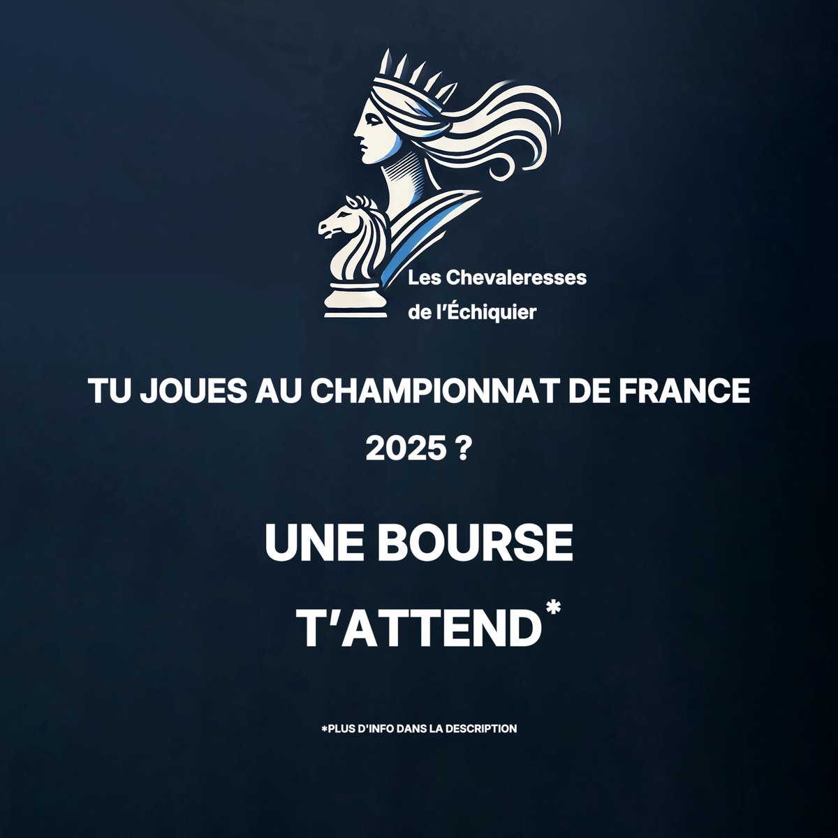 L’association Les Chevaleresses de l’Échiquier attribuera 10 bourses de 500 € à des joueuses des opens A à D du Championnat de France 2025 à Vichy.

📅 Jusqu’au 14 juillet à minuit
📢 Résultats : 19 juillet

Lien candidature : docs.google.com/forms/d/e/1FAI…