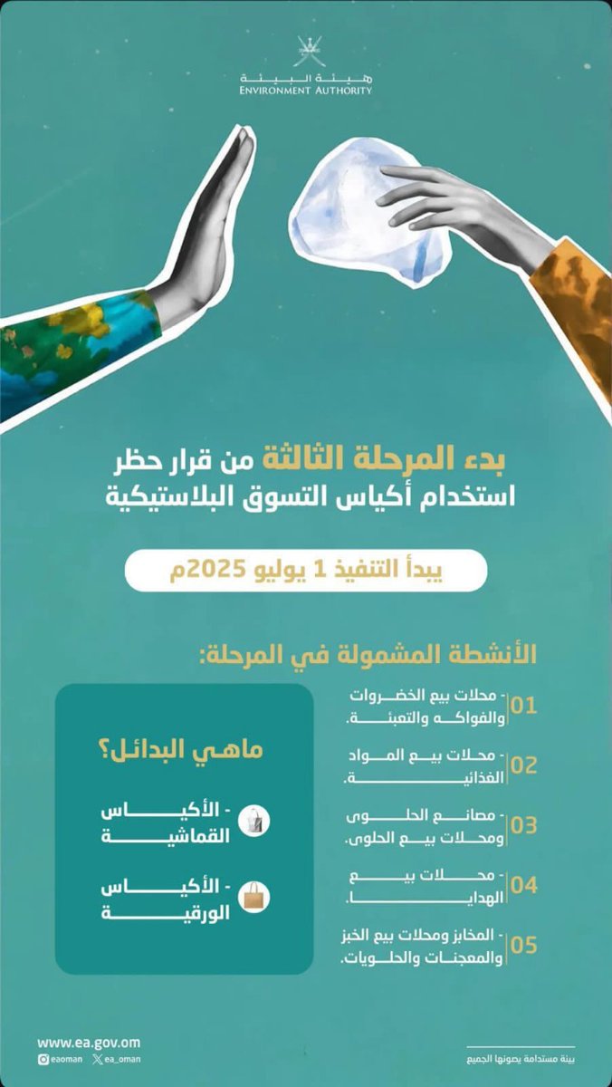 من يوم غدٍ الثلاثاء الموافق 1/ 7/ 2025 يبدأ تطبيق المرحلة الثانية من قرار حظر استخدام الأكياس البلاستيكية  .

عند التسوق إما أن تحضر معك كيس من البيت أو تشتري الأكياس من المحاسب .

مثل الدول المطبقة لهذا التوجه  .
البدائل : الأكياس القماشية والورقية
#خريف_صلاله_2025