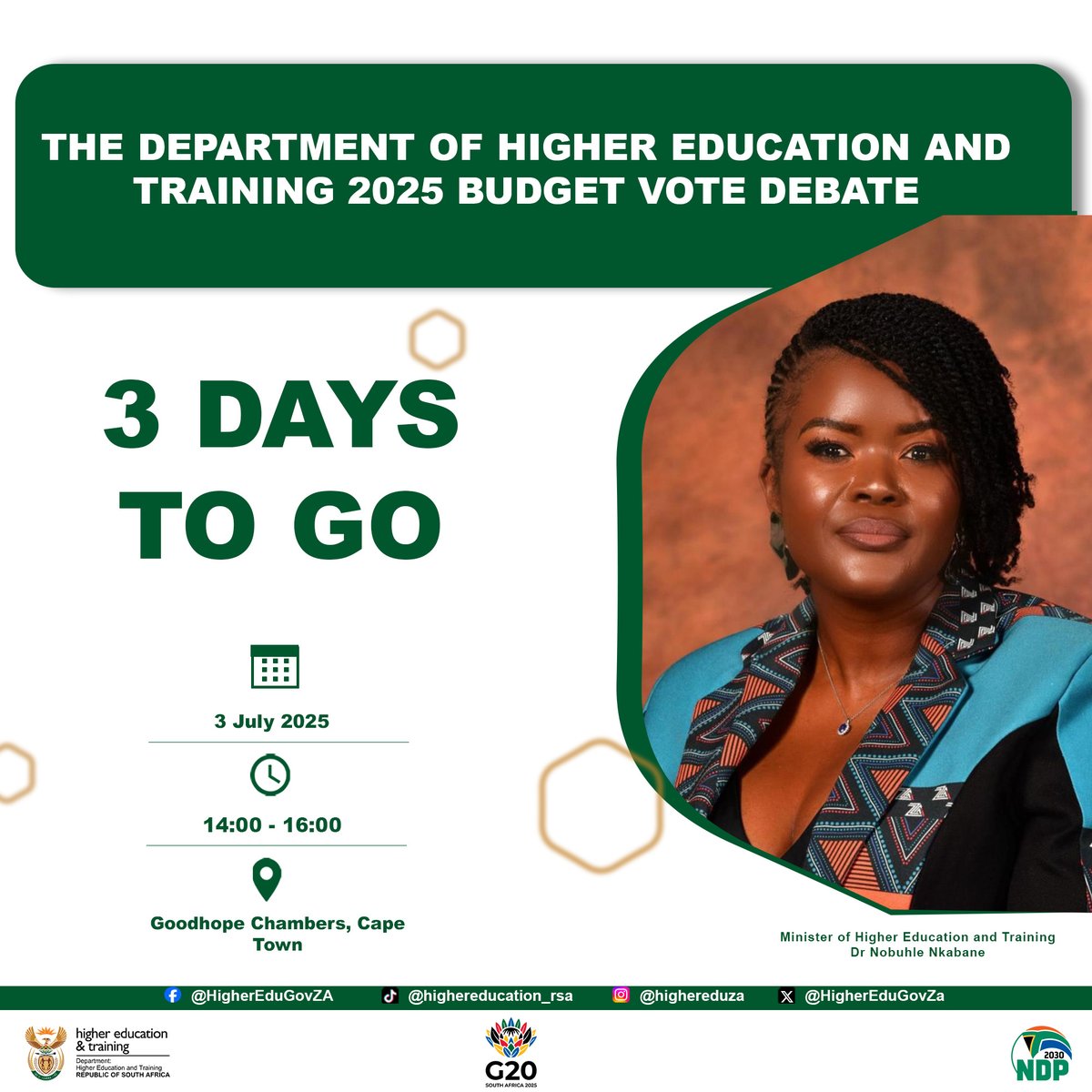 📣 Just 3 days to go until the Higher Education and Training Budget Vote!
📅 Happening on Thursday 3 July 2025
📍 Venue: Good Hope Chambers, Cape Town
#BudgetVote2025 #DHETBudgetVote