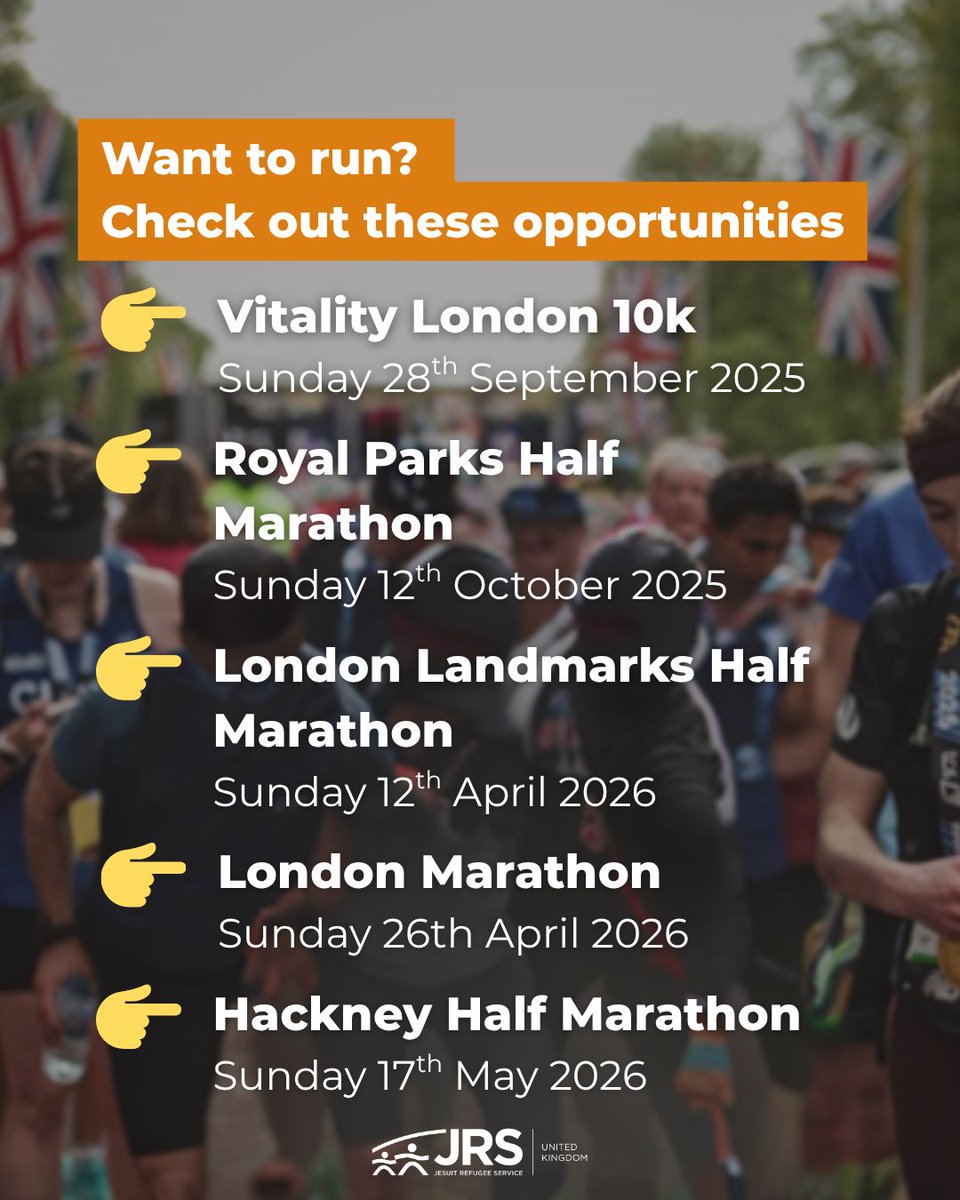 JRSUK's tweet image. Why not challenge yourself and run to raise money for people seeking sanctuary?
Whether it’s a 10K, a half marathon, or something bigger — join Team JRS UK and take on a Challenge Event in solidarity with refugees.
jrsuk.net/challenge-even…