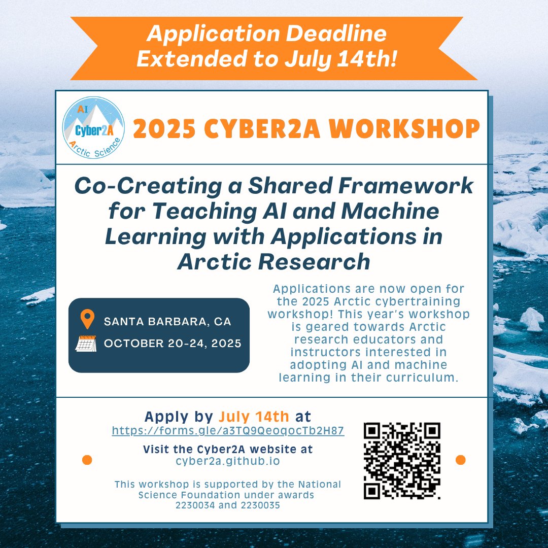 📢Application deadline EXTENDED for October 2025 Scaling Impact: Co-Creating a Shared Framework for Teaching AI and Machine Learning with Applications in Arctic Research workshop. Learn more about the workshop and submit your application by July 14th here: forms.gle/a3TQ9QeoqocTb2…