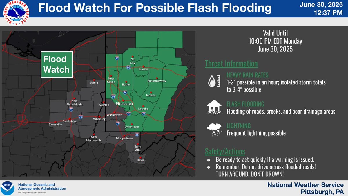 A Flood Watch has been issued through 10 PM for much of southwest Pennsylvania. Heavy rainfall from thunderstorms may create flash flooding of small streams, roads, and poor drainage areas through this evening.  Be ready to take action if Flash Flood Warnings are issued!