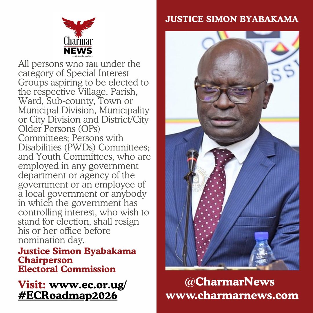Charmar News🇺🇬 (@charmarnews) on Twitter photo The <a href="/UgandaEC/">The Electoral Commission - Uganda</a> has a message for individuals interested in contesting for Special Interest Groups in the ongoing #SIGsElectionsUG regarding academic qualification.
Persons With Disabilities and Youth campaign meetings are happening from 30th June to 5th July. <a href="/j_mucunguzi/">Julius Mucunguzi</a> The <a href="/UgandaEC/">The Electoral Commission - Uganda</a> has a message for individuals interested in contesting for Special Interest Groups in the ongoing #SIGsElectionsUG regarding academic qualification.
Persons With Disabilities and Youth campaign meetings are happening from 30th June to 5th July. <a href="/j_mucunguzi/">Julius Mucunguzi</a>