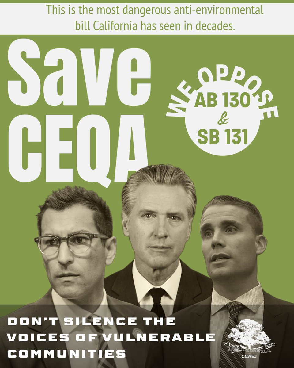 🚨 URGENT: Call NOW to stop #AB130 #SB130 #AB131 and #SB131 🚨
<a href="/CAgovernor/">Governor Gavin Newsom</a>
<a href="/CASpeakerRivas/">Speaker Robert Rivas</a> 
<a href="/ilike_mike/">Mike McGuire</a>
📞 CALL NOW
Gov. Newsom (916) 445 2841
Speaker Rivas (916) 319 2029
Pro Tem McGuire (916) 651 4002
👥 Tag a friend and flood those phone lines. #ProtectCEQA #NoRollbacks