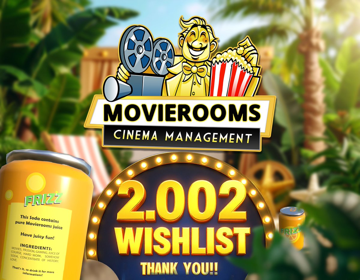 This hot summer, we want to say…THANK YOU! We've reached 2,002 #Steam #wishlists and we're over the moon! To celebrate, we’re revealing a few of the secret drink ingredients you’ll find inside Movierooms... Enjoy the #summer, play the free part Sandbox demo on Steam #indiegame