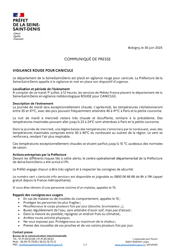 #Canicule #VigilanceRouge

Communiqué de presse de <a href="/Prefet93/">Préfet de la Seine-Saint-Denis</a> ⤵️

Aussi disponible sur : urls.fr/ecRbKF