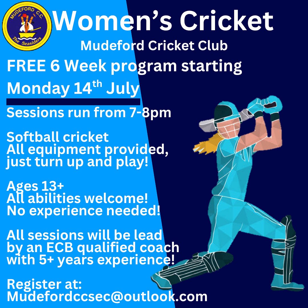 Get into the swing of cricket this summer at Mudeford Cricket Club! Our women’s team are relaunching for 2025 with a FREE 6 week program run by an ECB qualified coach!
Contact us at:
Mudefordccsec@outlook.com

#cricket #mudeford 
#crickettraining #womenscricket #hergametoo