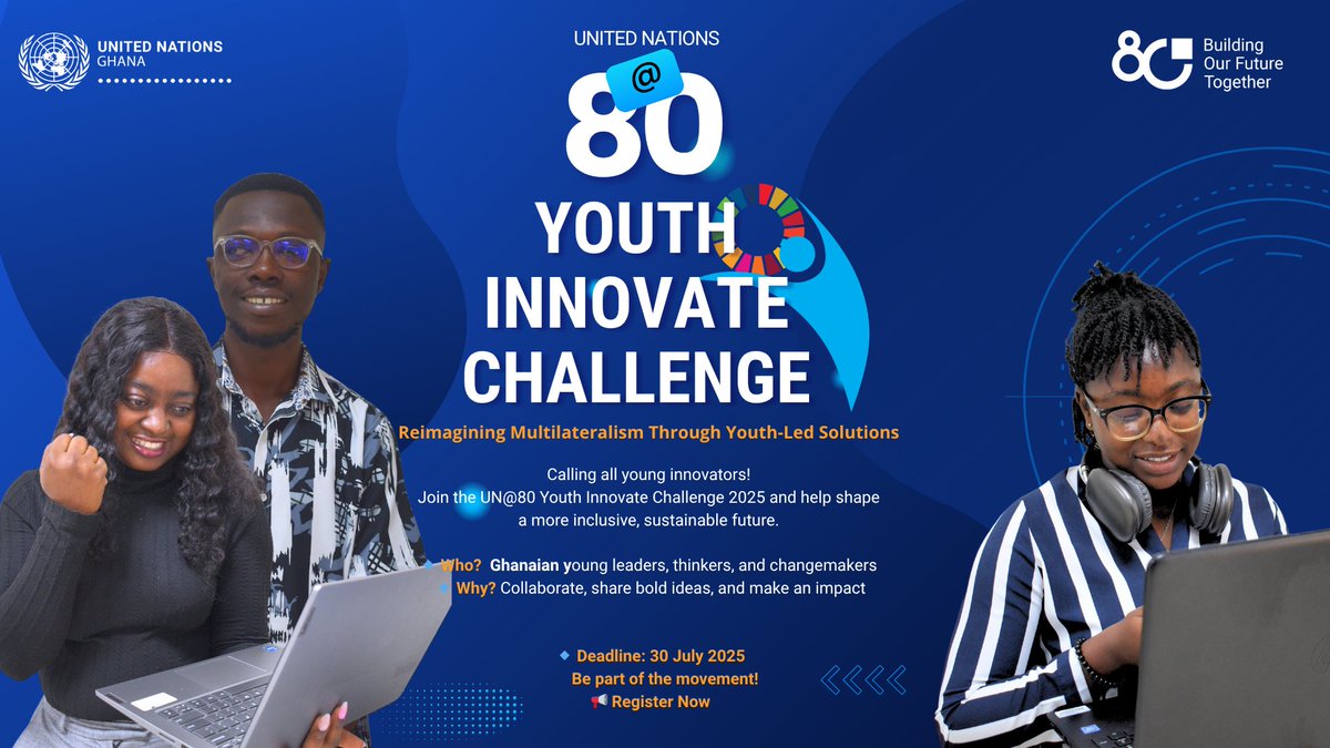 📢Young Ghanaians aged 15–35!

Got an idea to tackle climate change, education gaps, or digital access?
The UN@80 Youth Innovation Challenge is YOUR chance to build solutions &amp; shape the future! 🌍✨

✅ Deadline: 30 July 2025
 🔗Apply: bit.ly/46jUhhc

#UN80Gh #UNinGhana
